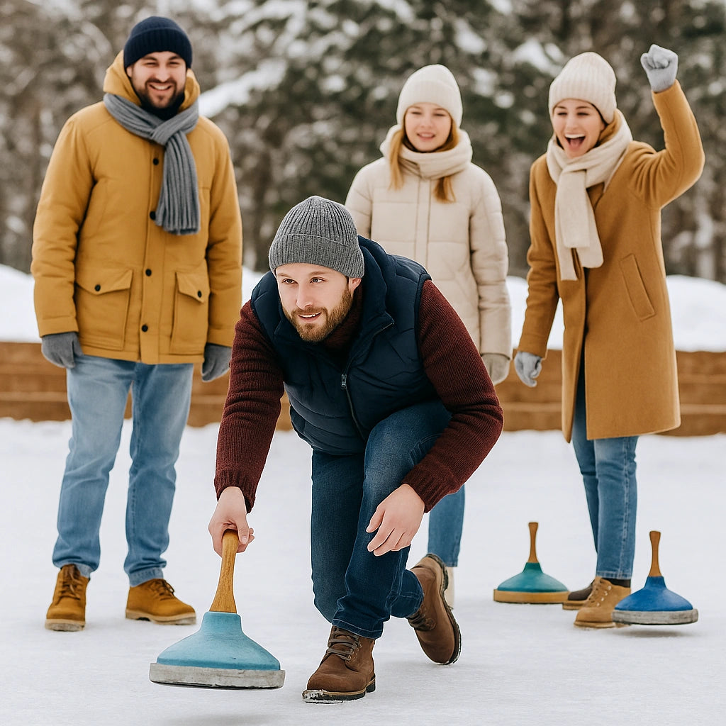 Vier Personen spielen Eisstockschießen im Freien auf einer verschneiten Eisfläche, ein Spieler stößt gerade den Eisstock, während die anderen jubeln.